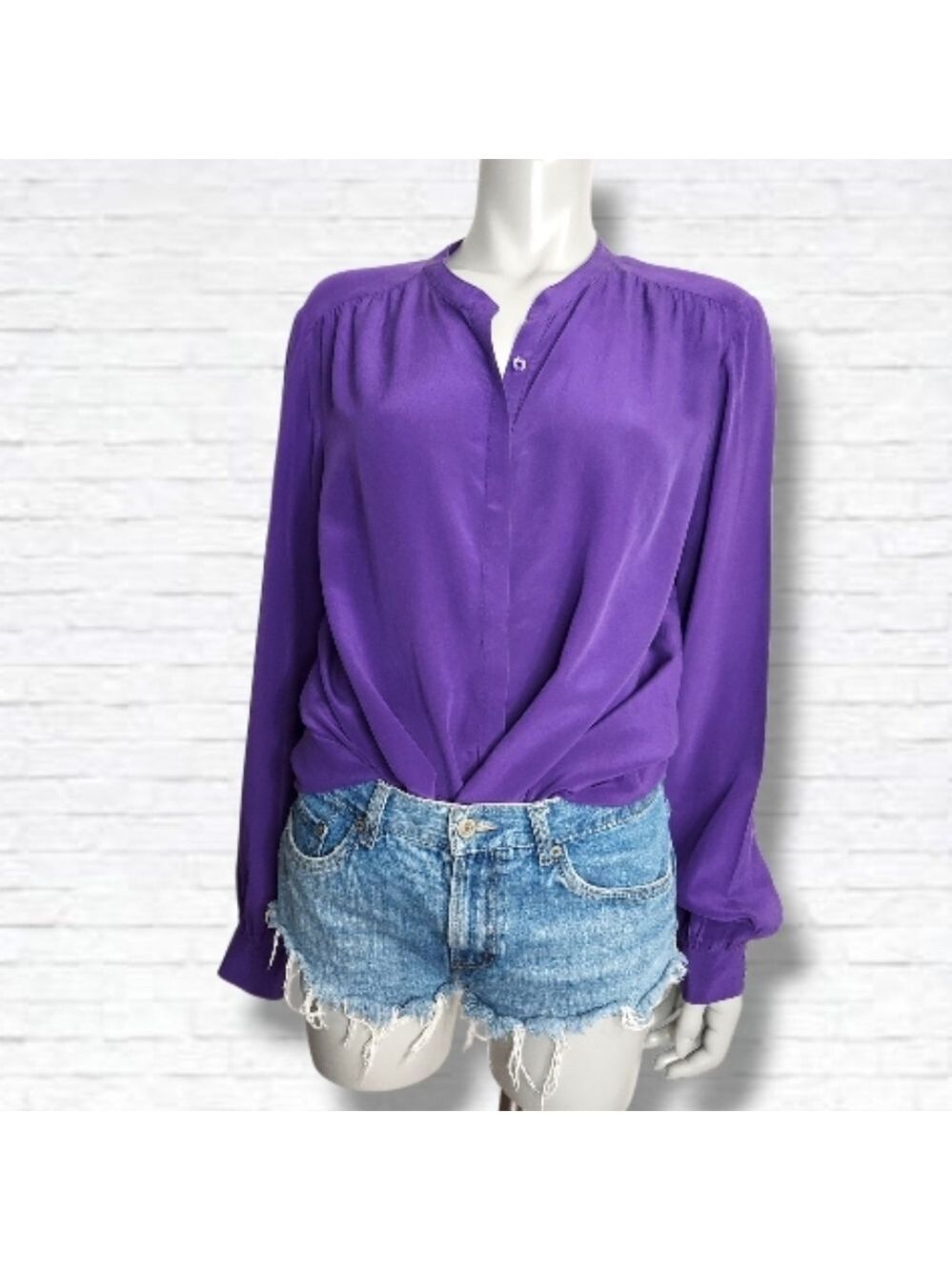 Vintage Royal Purple Collarless Silk Long Sleeve Blouse Size M
